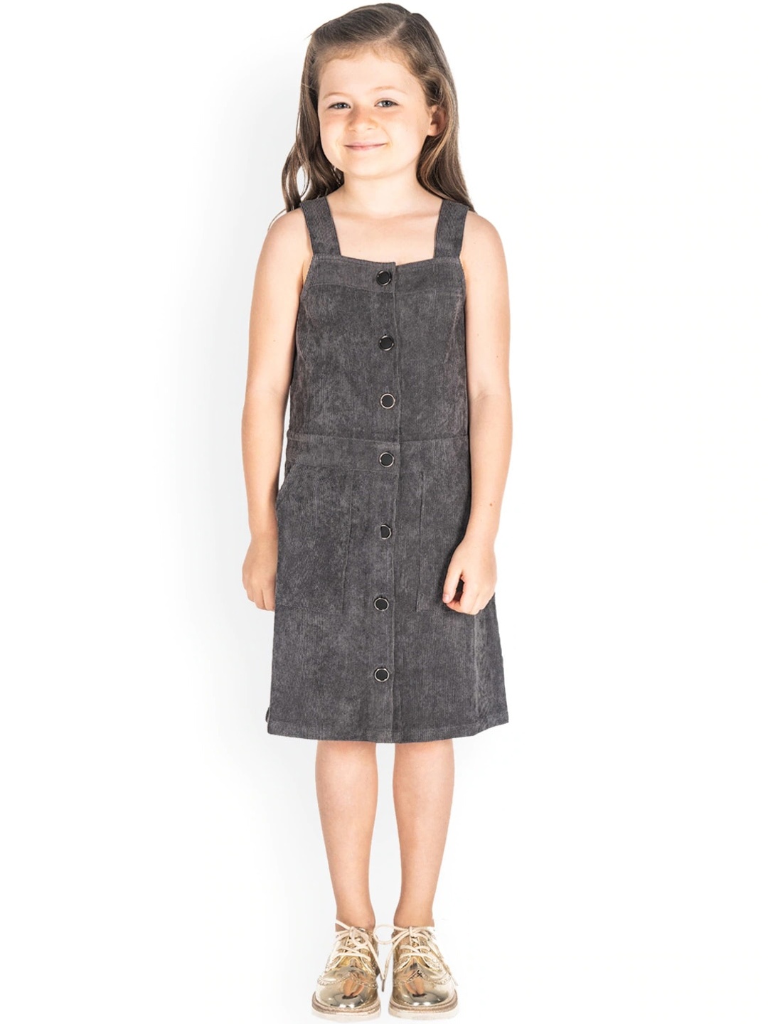 

Cherry Crumble Girls Grey Solid Pinafore Dress