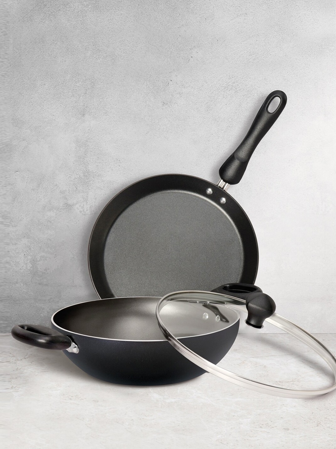 

MEYER Black Non-Stick Aluminum 3pcs Set (24cm Kadhai With Lid + 24cm Flat Dosa Tawa)