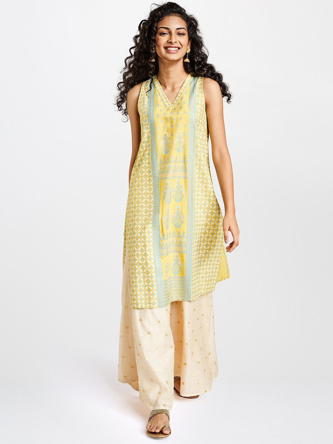 

Global Desi Women Yellow Woven Design A-Line Kurta
