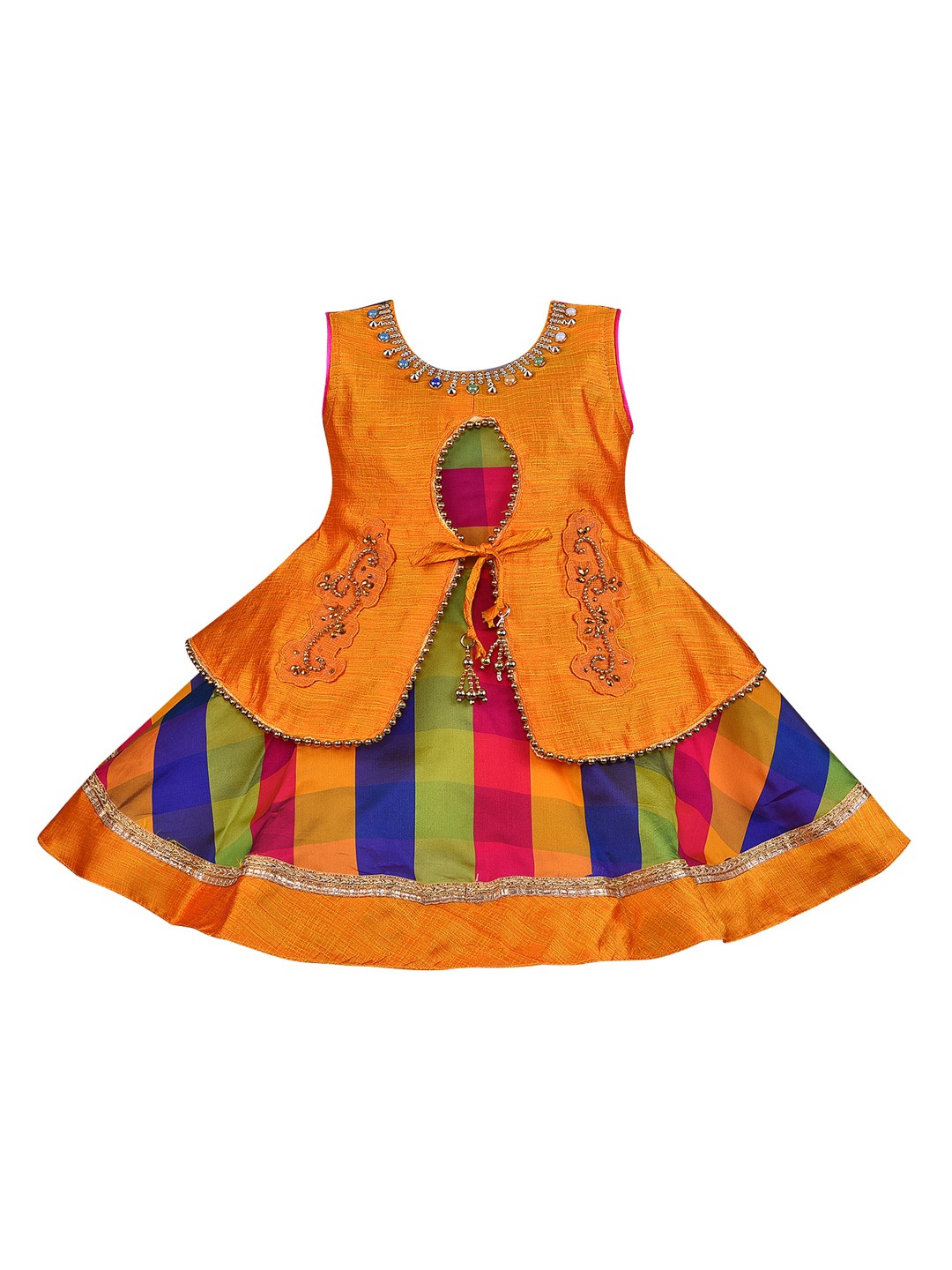 

Wish Karo Girls Mustard Yellow & Blue Striped Ethnic Silk Fit and Flare Dress