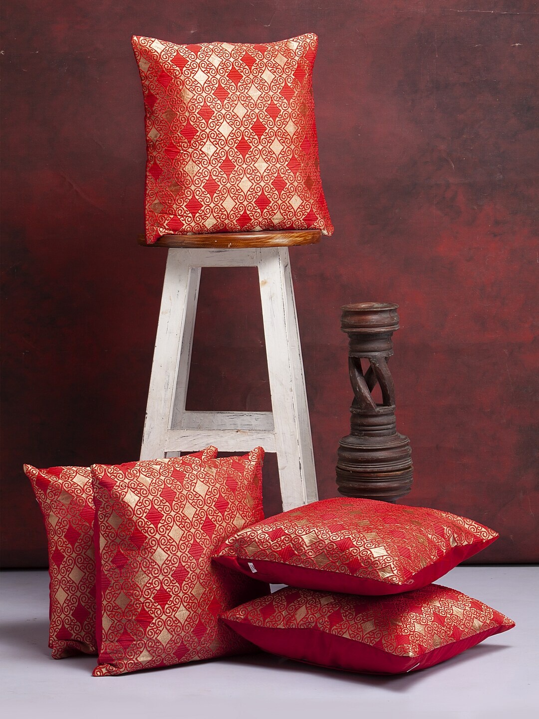 

Alina decor Red & Gold Set of 5 Self Design Square Cushion Covers
