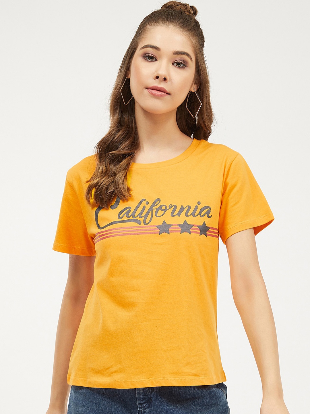

Harpa Women Mustard Yellow Printed Round Neck Pure Cotton T-shirt