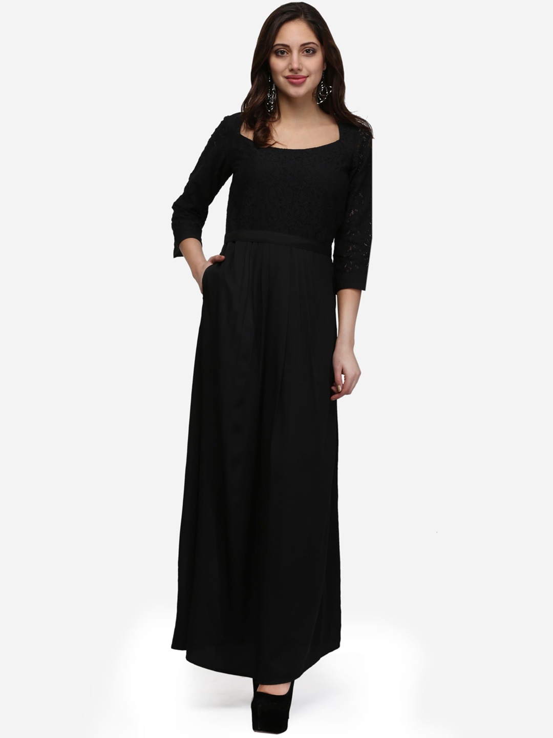 

V&M Women Black Floral Lace Maxi Dress