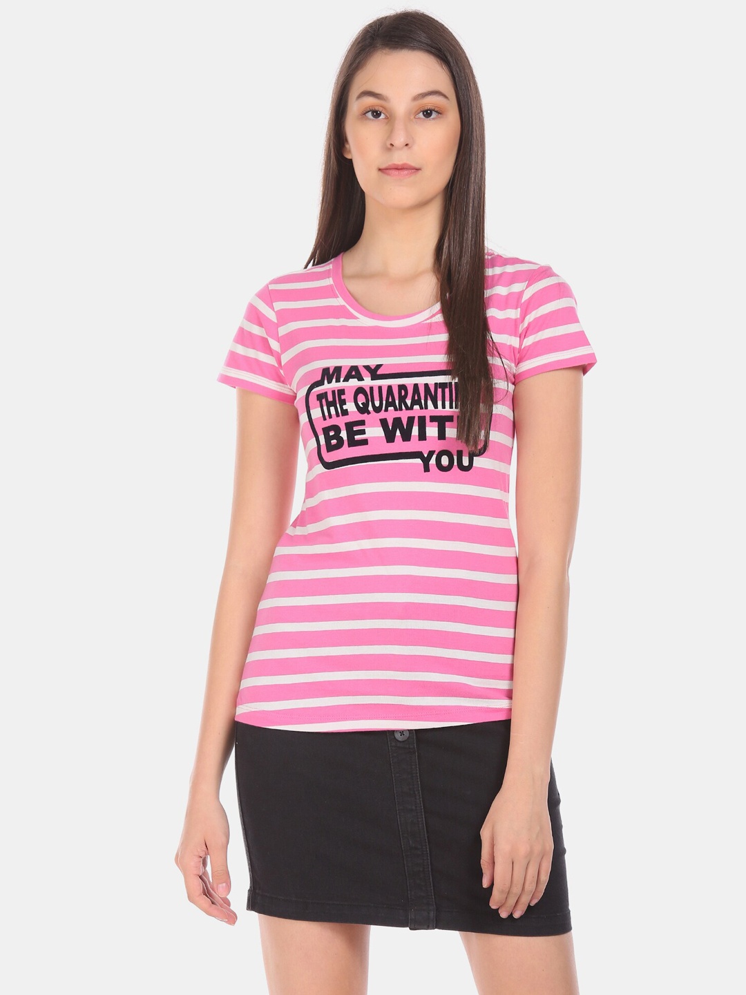 

Sugr Women Pink Striped V-Neck T-shirt