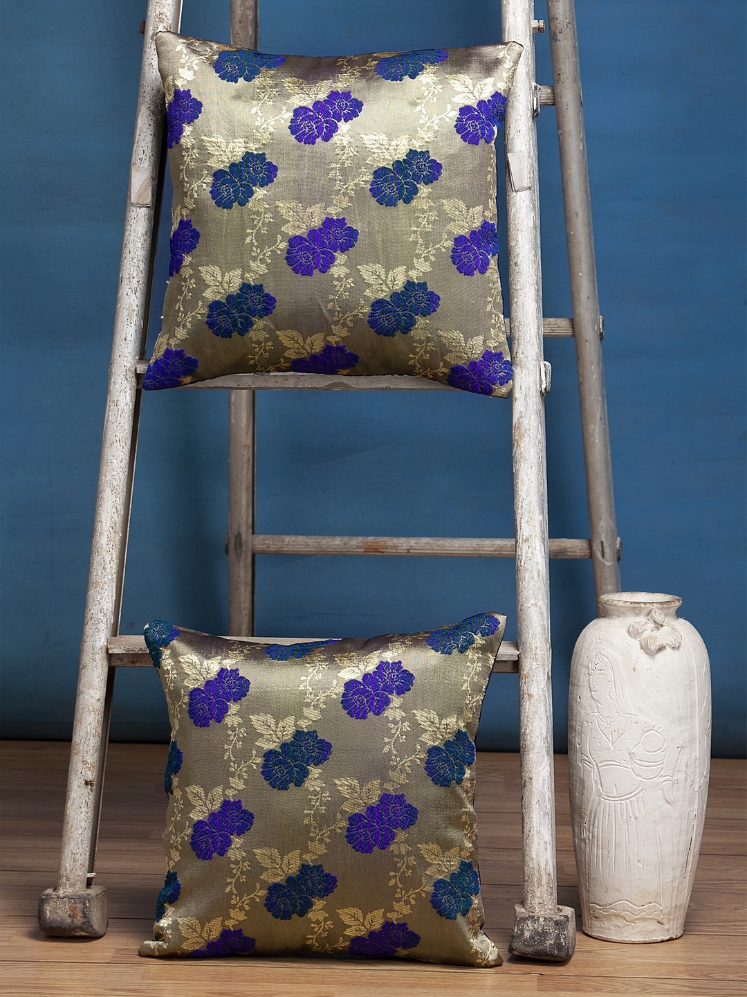 Alina decor Green & Blue Set of 2 Floral Square Cushion Covers
