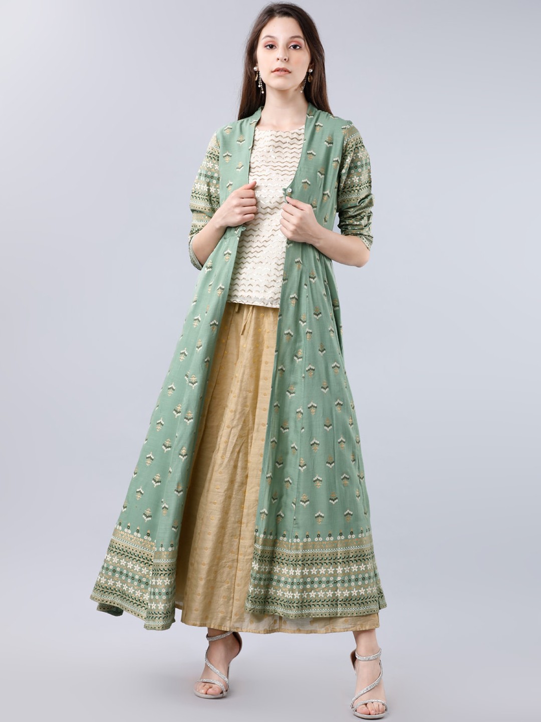 

Vishudh Women Green Printed Open Front Jacket