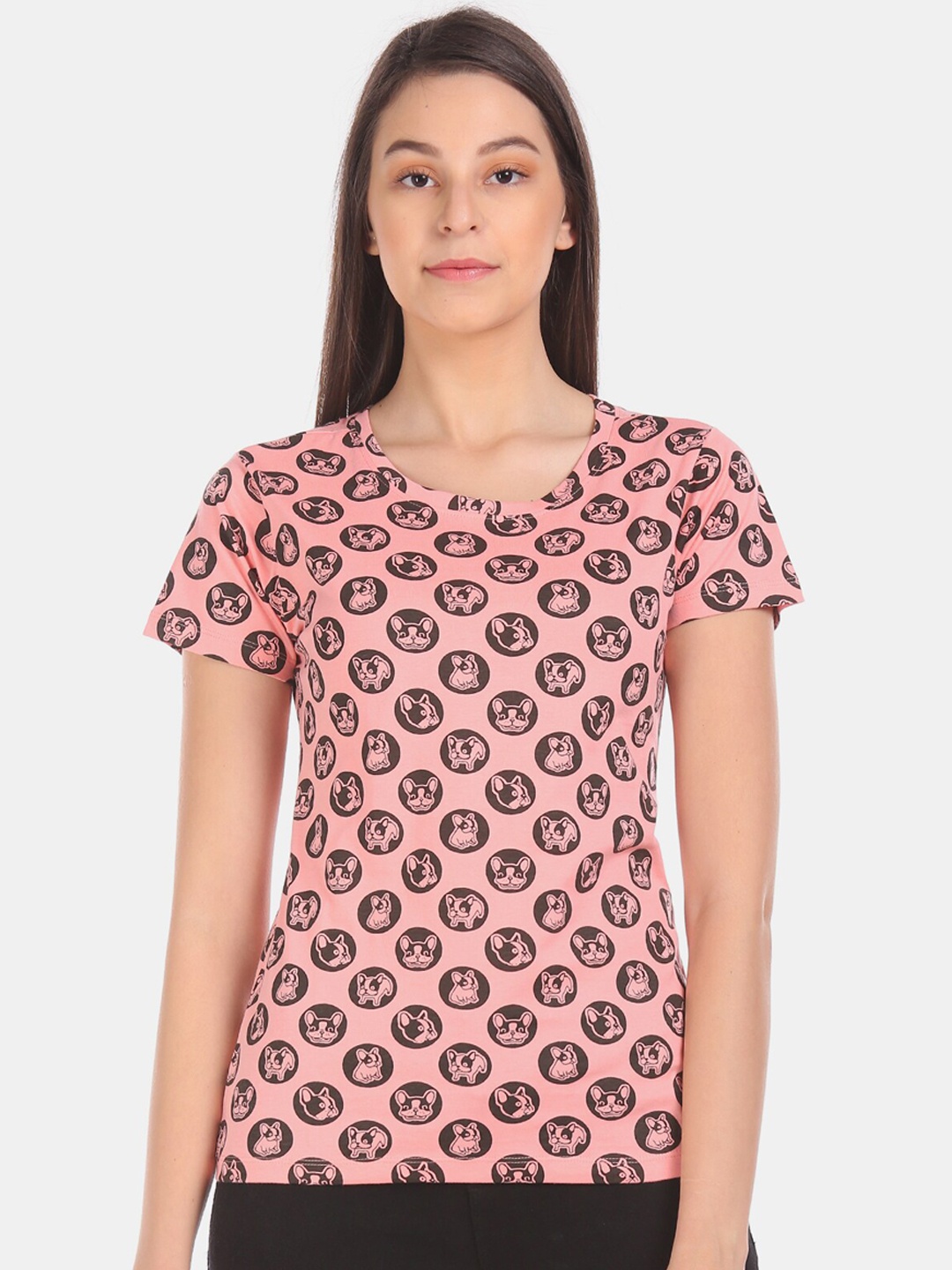 Sugr Women Pink Printed V-Neck T-shirt