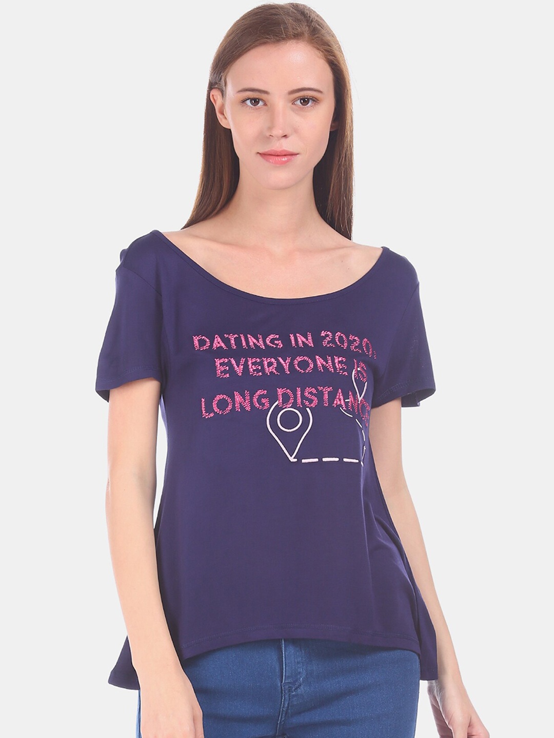 

Sugr Women Purple Printed Boat Neck T-shirt
