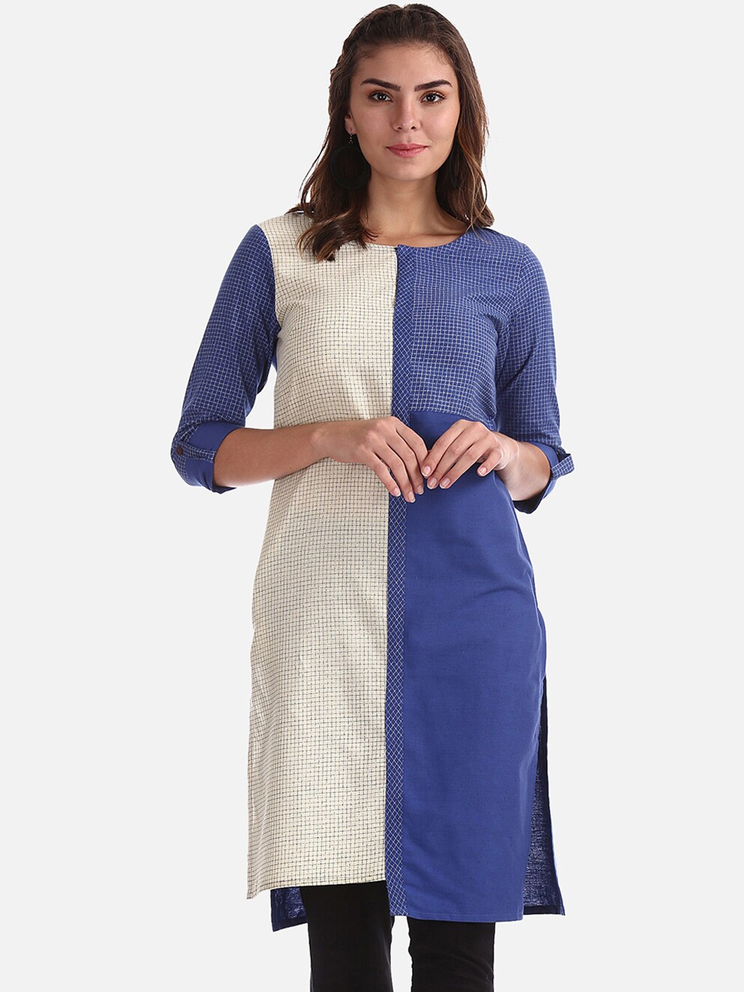 

Karigari Women Blue & Off-White Checked A-Line Kurta