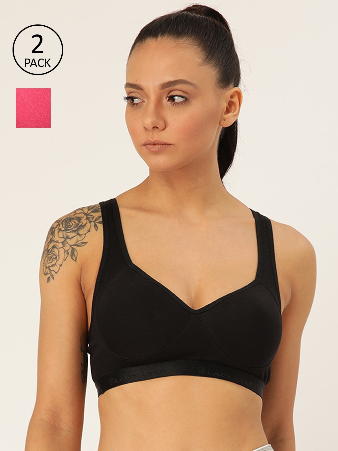 

Lady Lyka Black & Fuchsia Pack of 2 Non-Wired Lightly Padded Workout Bra PROVOGUE-BLK-FCA