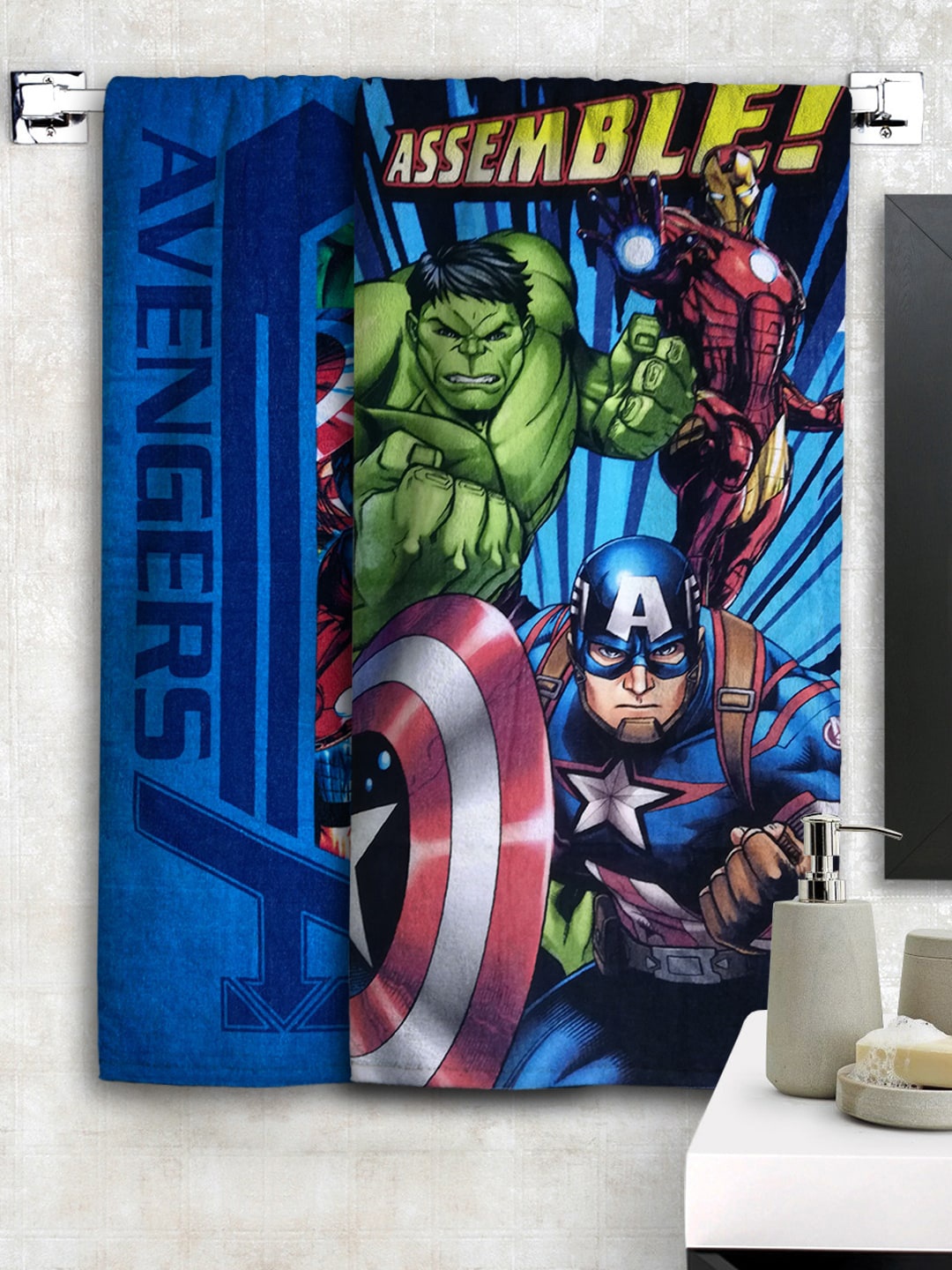 

Athom Trendz Marvel Kids Set Of 2 Avengers Printed 350 GSM Bath Towels, Blue