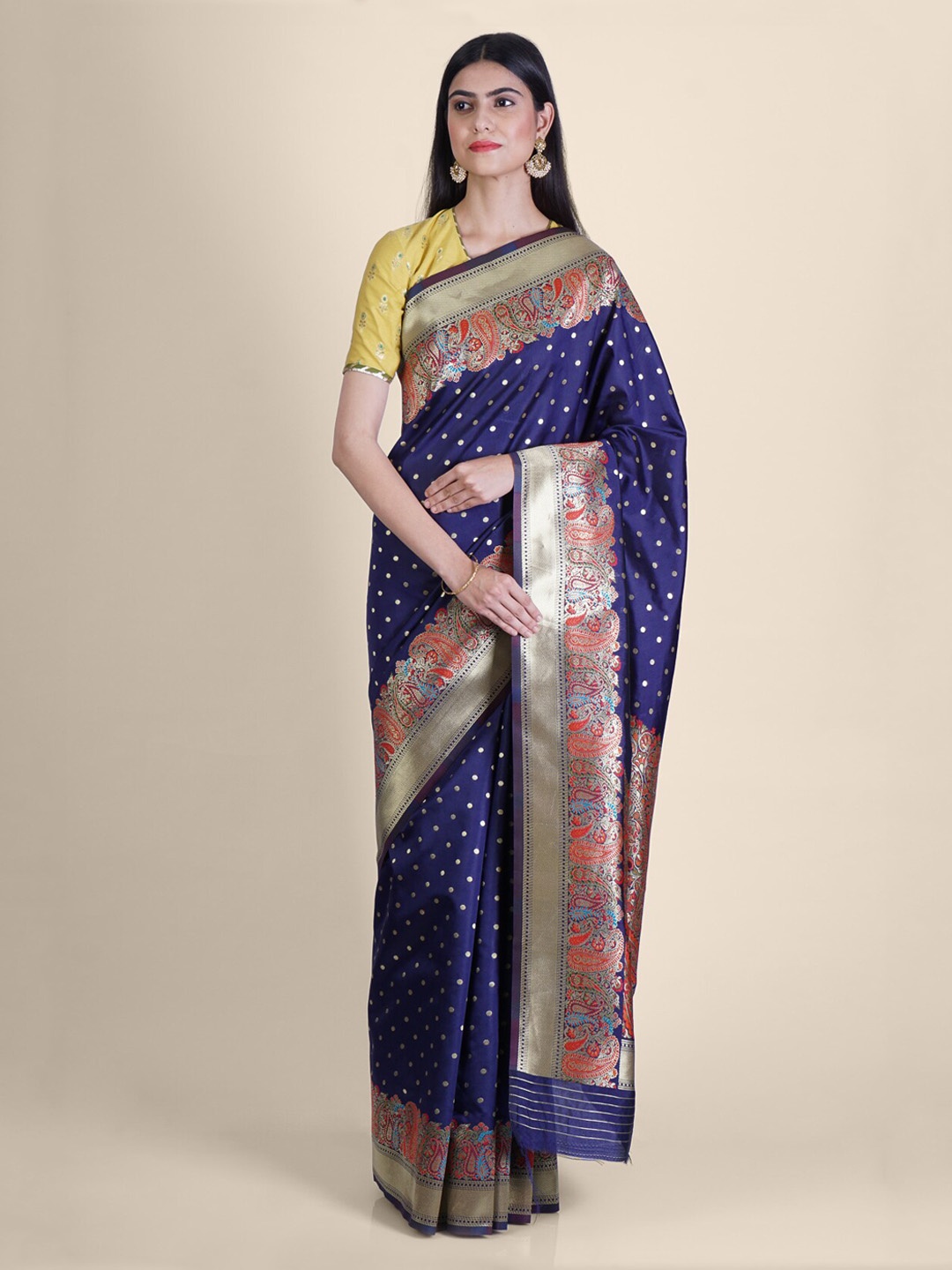 

Hastakala Navy Blue & Red Silk Blend Woven Design Handloom Banarasi Saree