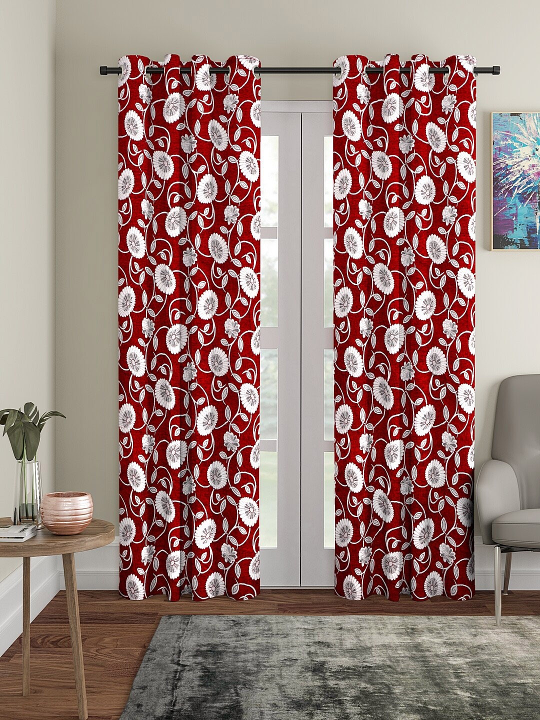 

KLOTTHE Maroon & White Set of 2 Floral Door Curtains