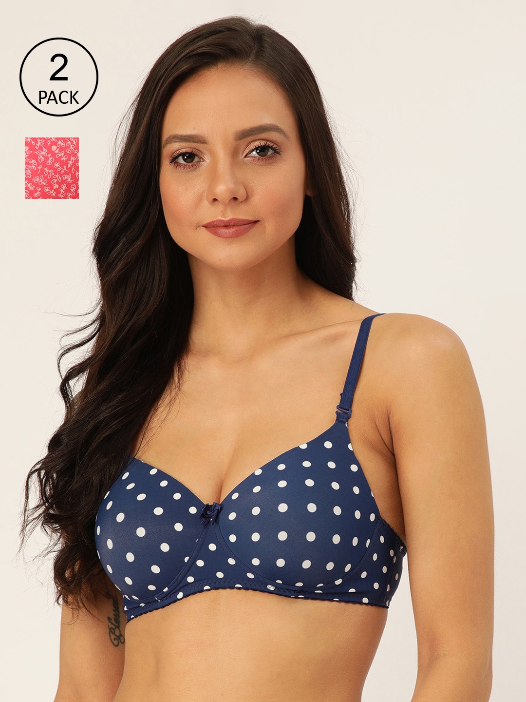 

Lady Lyka Pack of 2 Printed Non-Wired Lightly Padded T-shirt Bras NESTLE-BLU-PLM, Navy blue