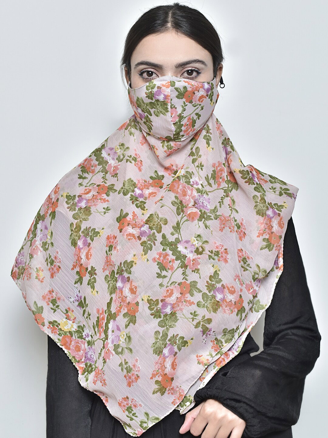 

SWAYAM Women Beige & Orange Floral Printed 3-Ply Reusable Adjustable Face Mask With Scarf