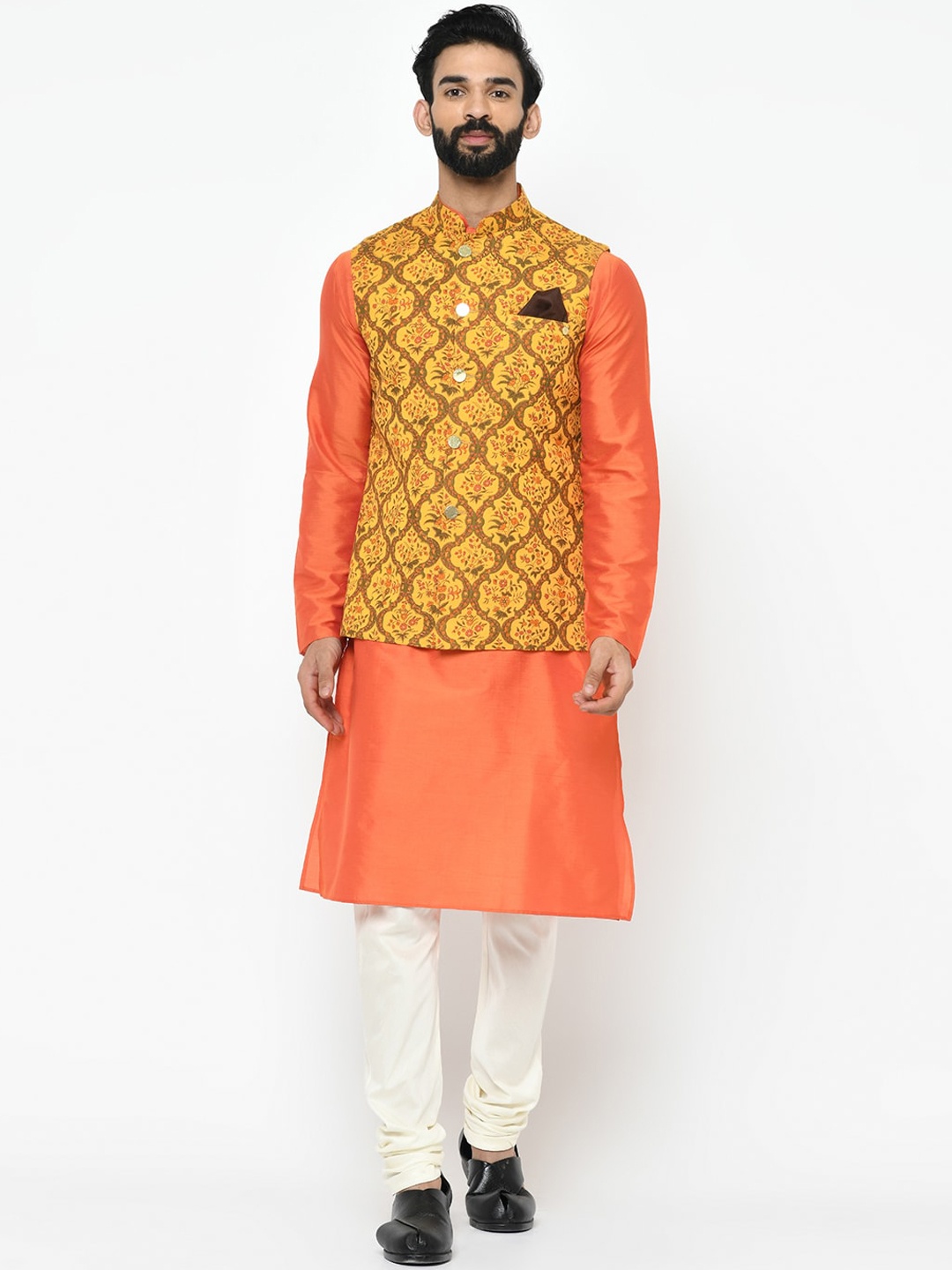 

KISAH Men Orange Solid Kurta Set with Jacket