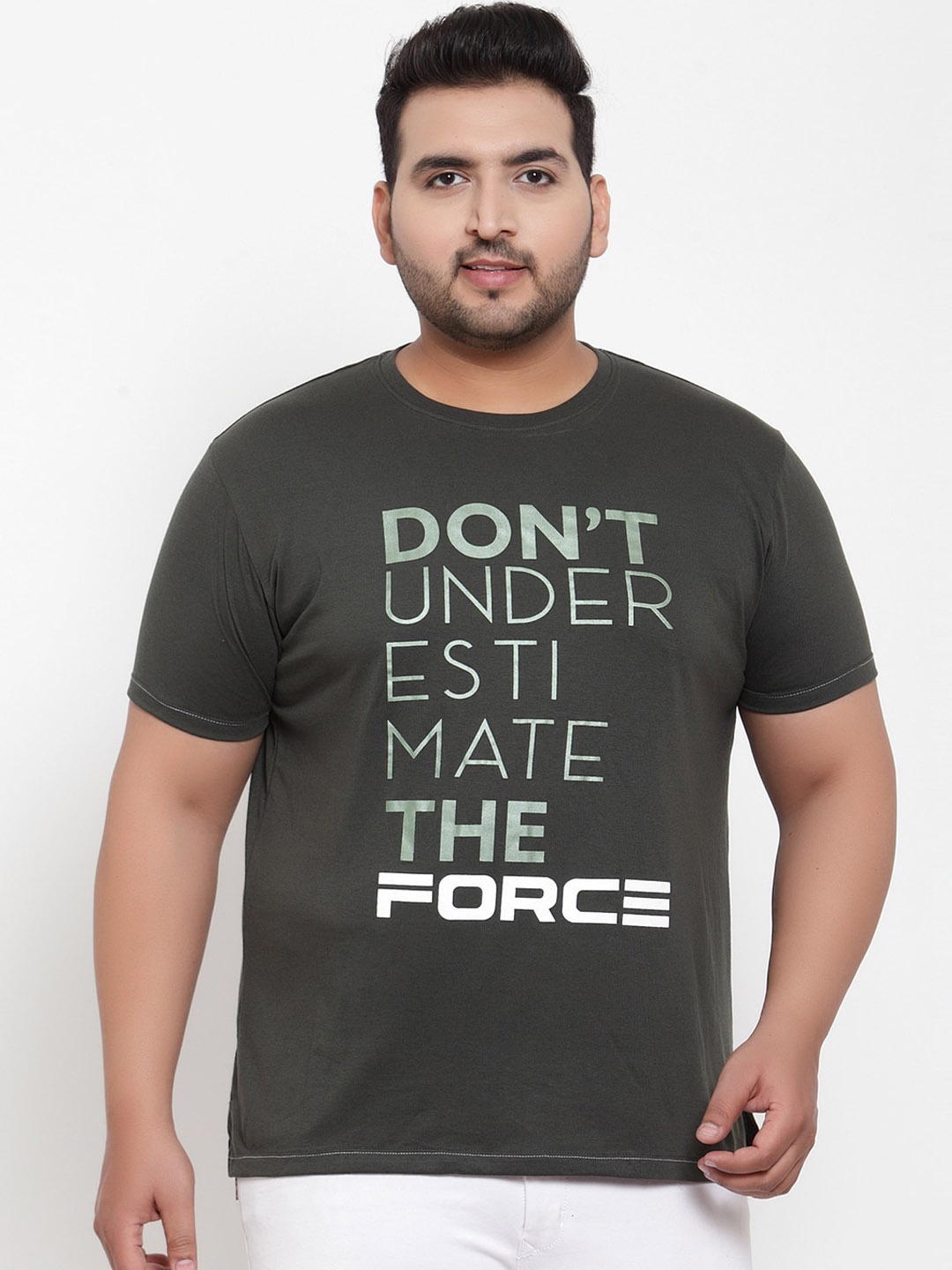 

plusS Men Olive Green Printed Round Neck Pure Cotton T-shirt