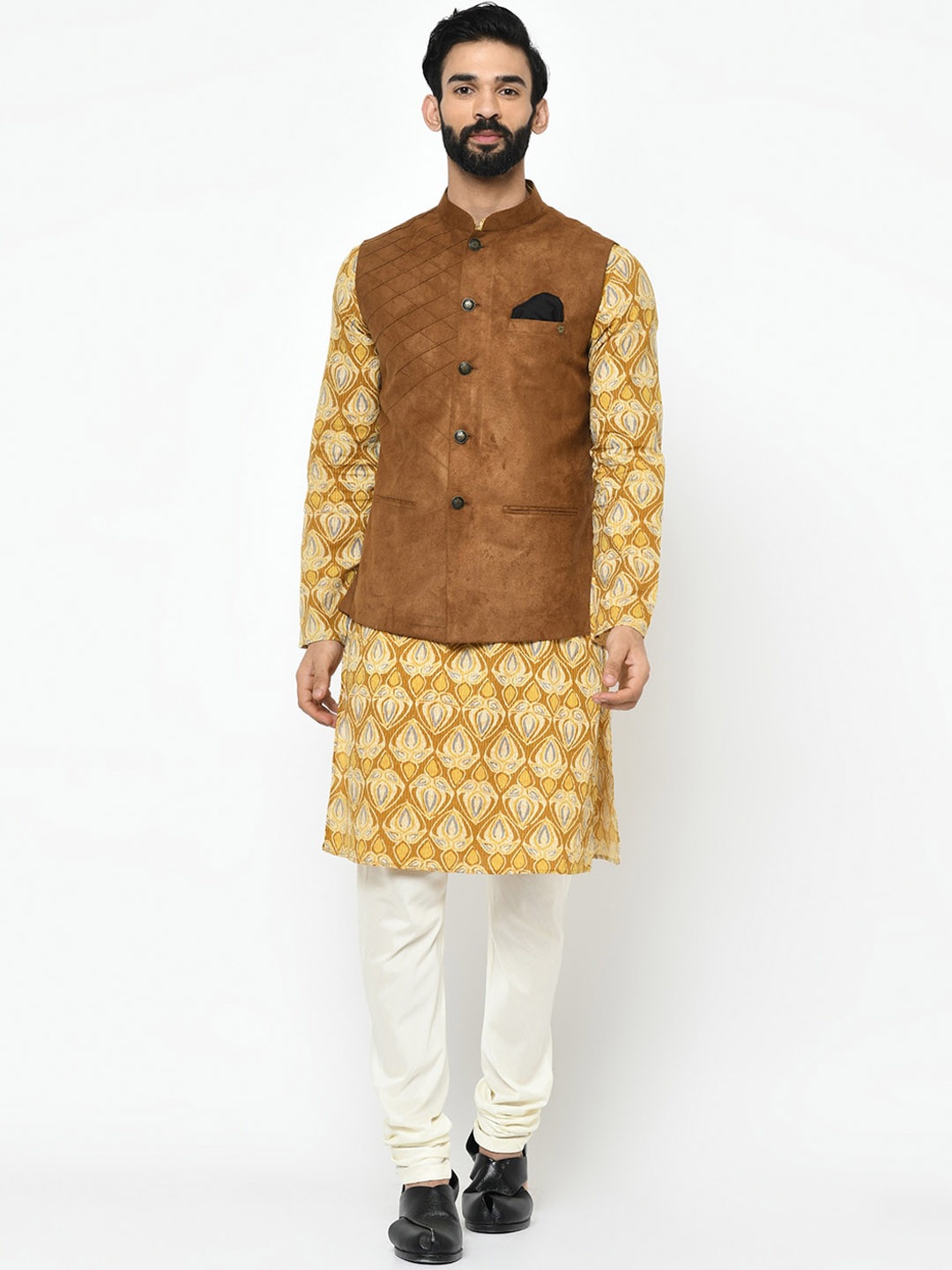 

KISAH Men Brown & Mustard Solid Kurta with Pyjamas