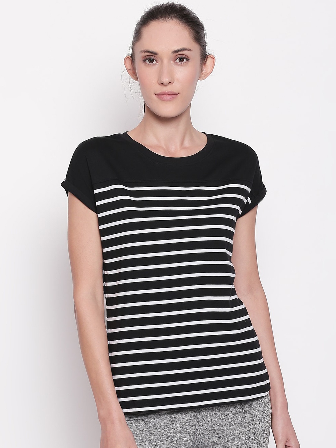 

Ajile by Pantaloons Women Black & White Striped Pure Cotton Top