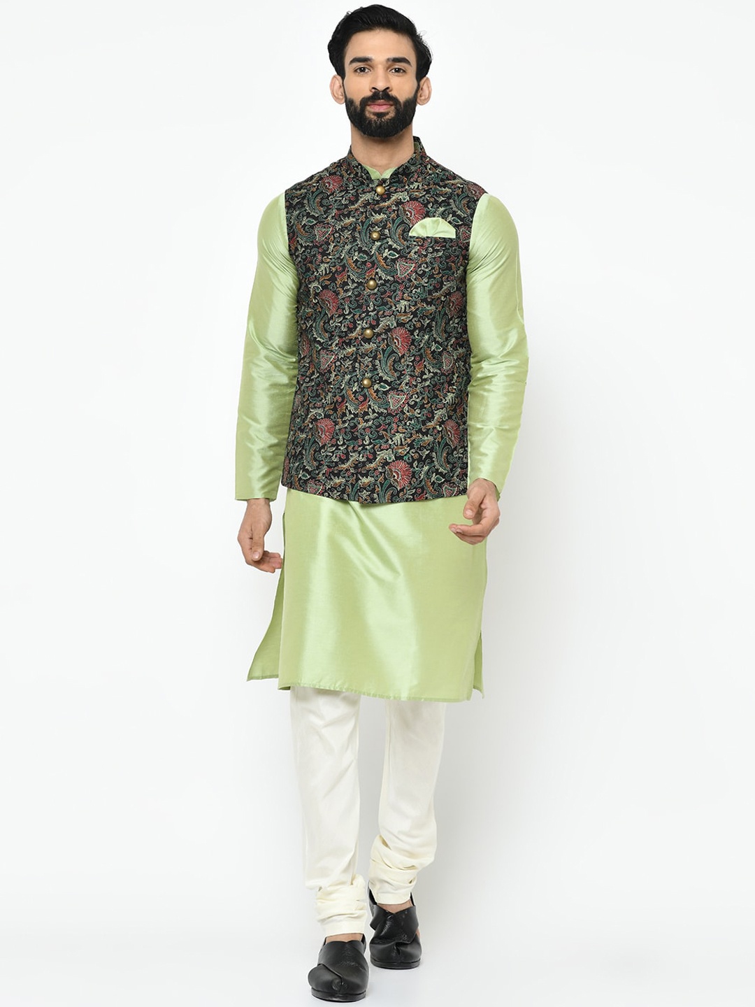 

KISAH Men Fluorescent Green Solid Kurta Set with Printed Nehru Jacket