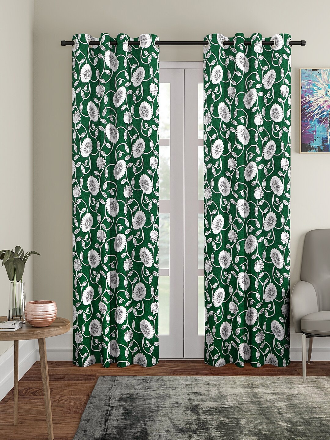 

KLOTTHE Set of 2 Green & Off-White Jacquard Curtains
