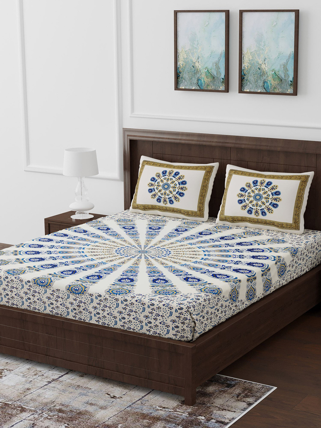 

Gulaab Jaipur Blue & White Ethnic Motifs 350 TC Cotton 1 King Bedsheet with 2 Pillow Covers