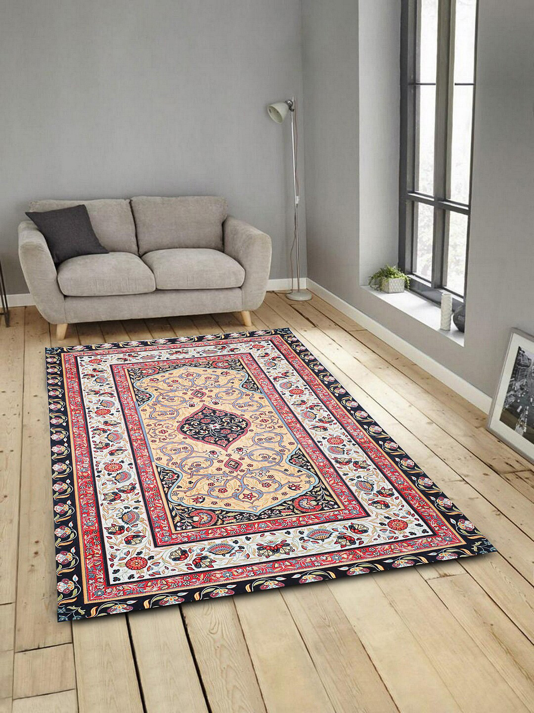 

ROMEE Peach-Coloured & Black Floral Printed Anti-Skid Carpet
