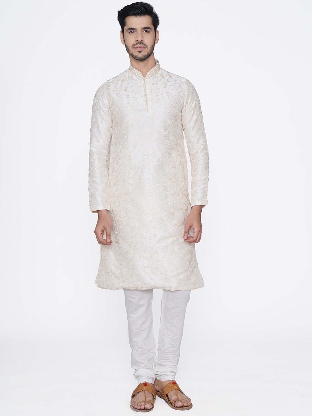 

Manyavar Men Off-White Embroidered Kurta with Churidar