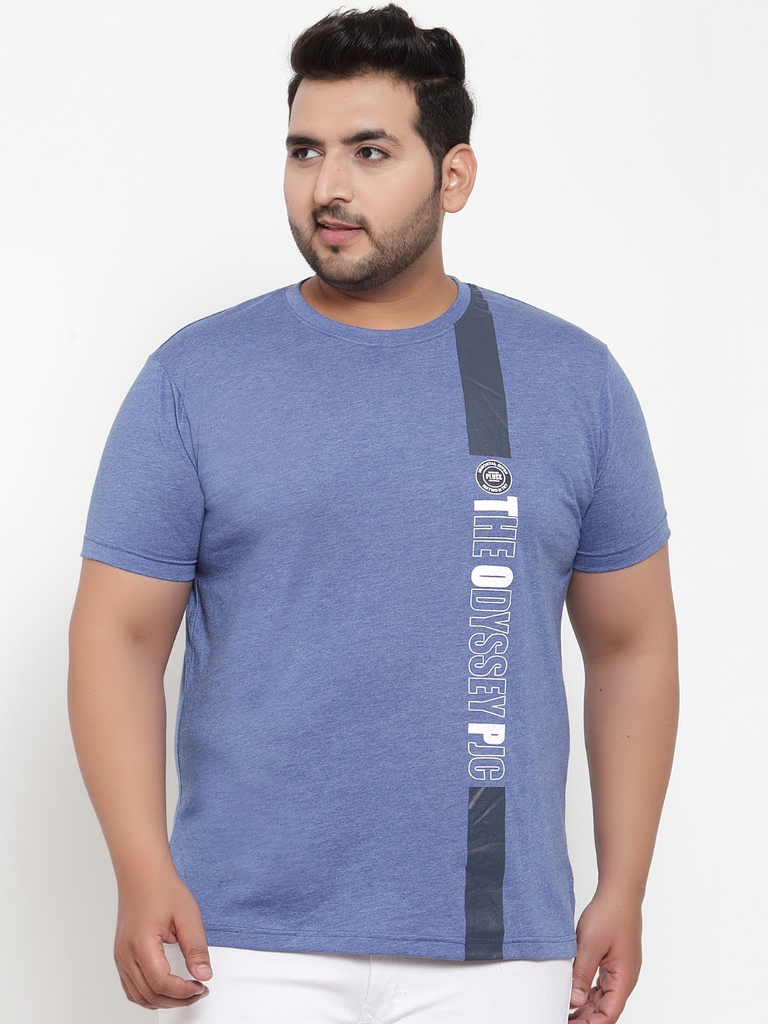 

plusS Men Blue Printed Round Neck Pure Cotton T-shirt