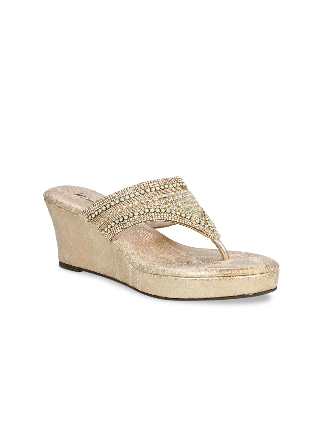 Inc 5 Women Champagne Gold Embellished Wedges