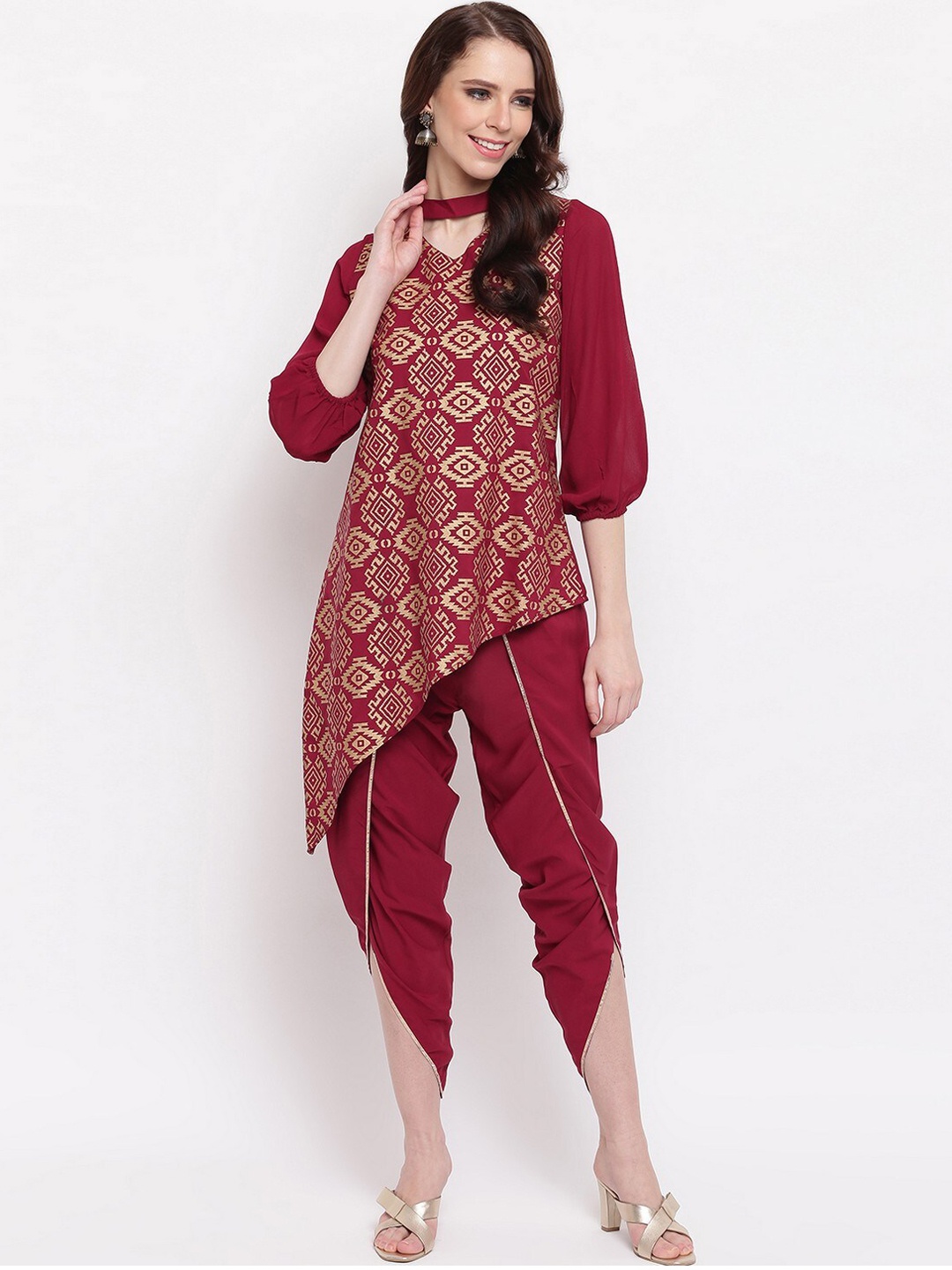 

RIVI Women Maroon & Gold-Toned Embroidered Kurti with Dhoti Pants