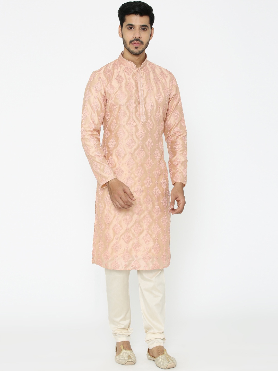 

Manyavar Men Peach-Coloured & Cream-Coloured Embroidered Kurta with Pyjamas