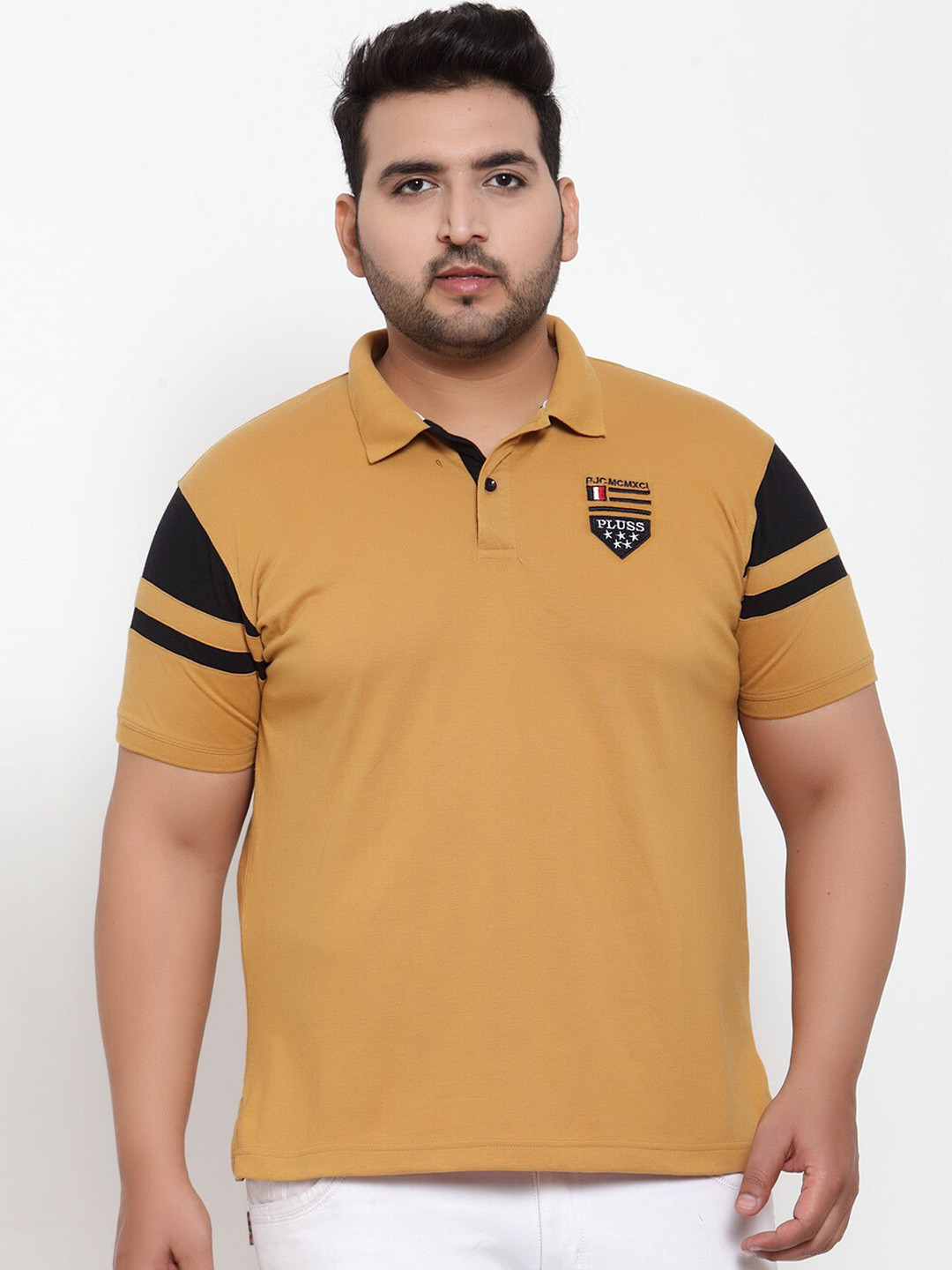 

plusS Men Mustard Yellow Solid Polo Collar Pure Cotton T-shirt
