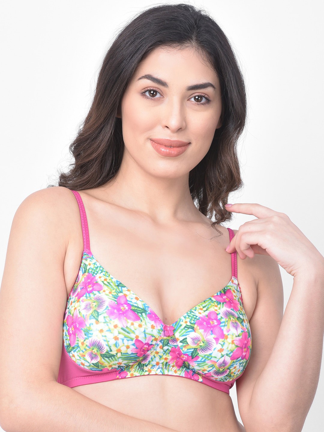 

Clovia Pink & Green Printed Non-Wired Lightly Padded T-shirt Bra BR1737Z1432E