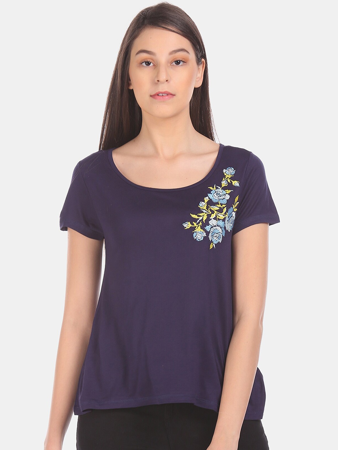 

Sugr Women Navy Blue Floral Embroidered T-shirt