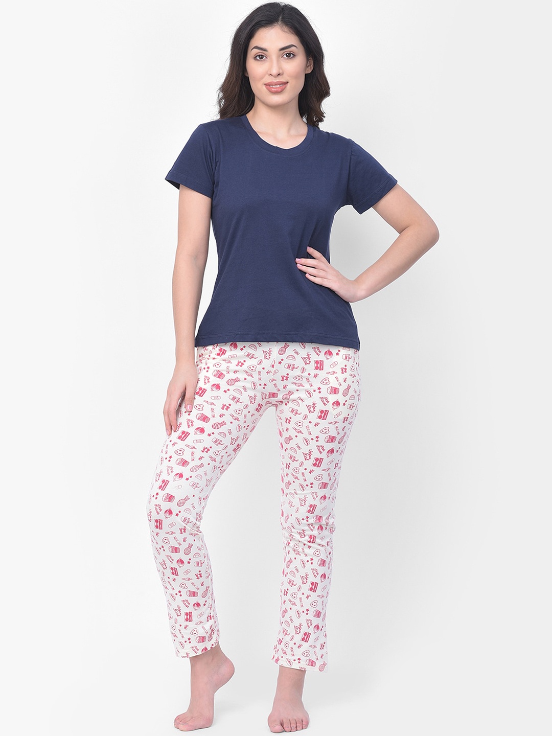

Clovia Women Navy Blue & White Solid Night suit
