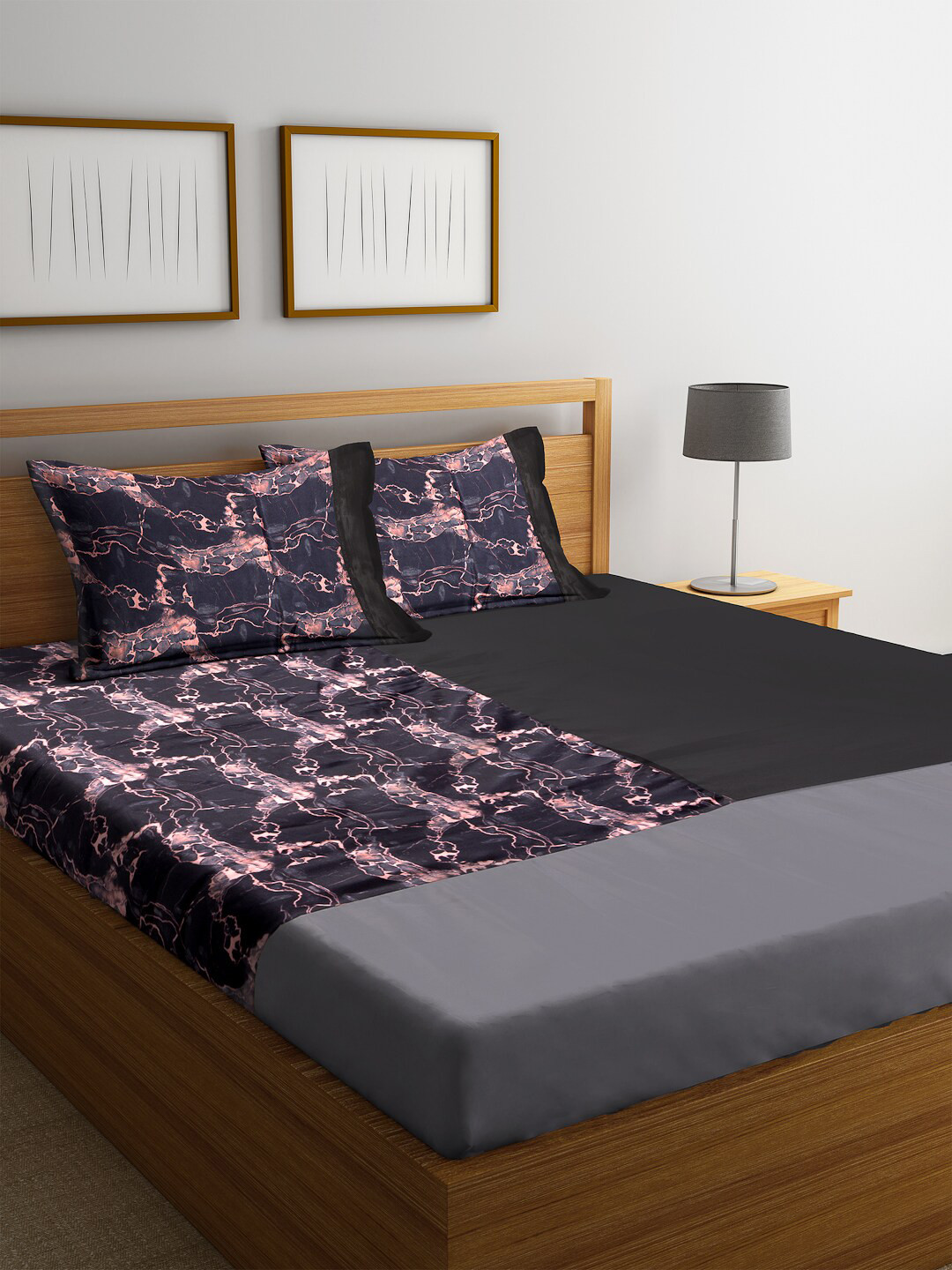 

DECOREALM Black & Peach-Coloured Abstract 300 TC Poly Satin 1 Single Bedsheet with 2 Pillow Covers