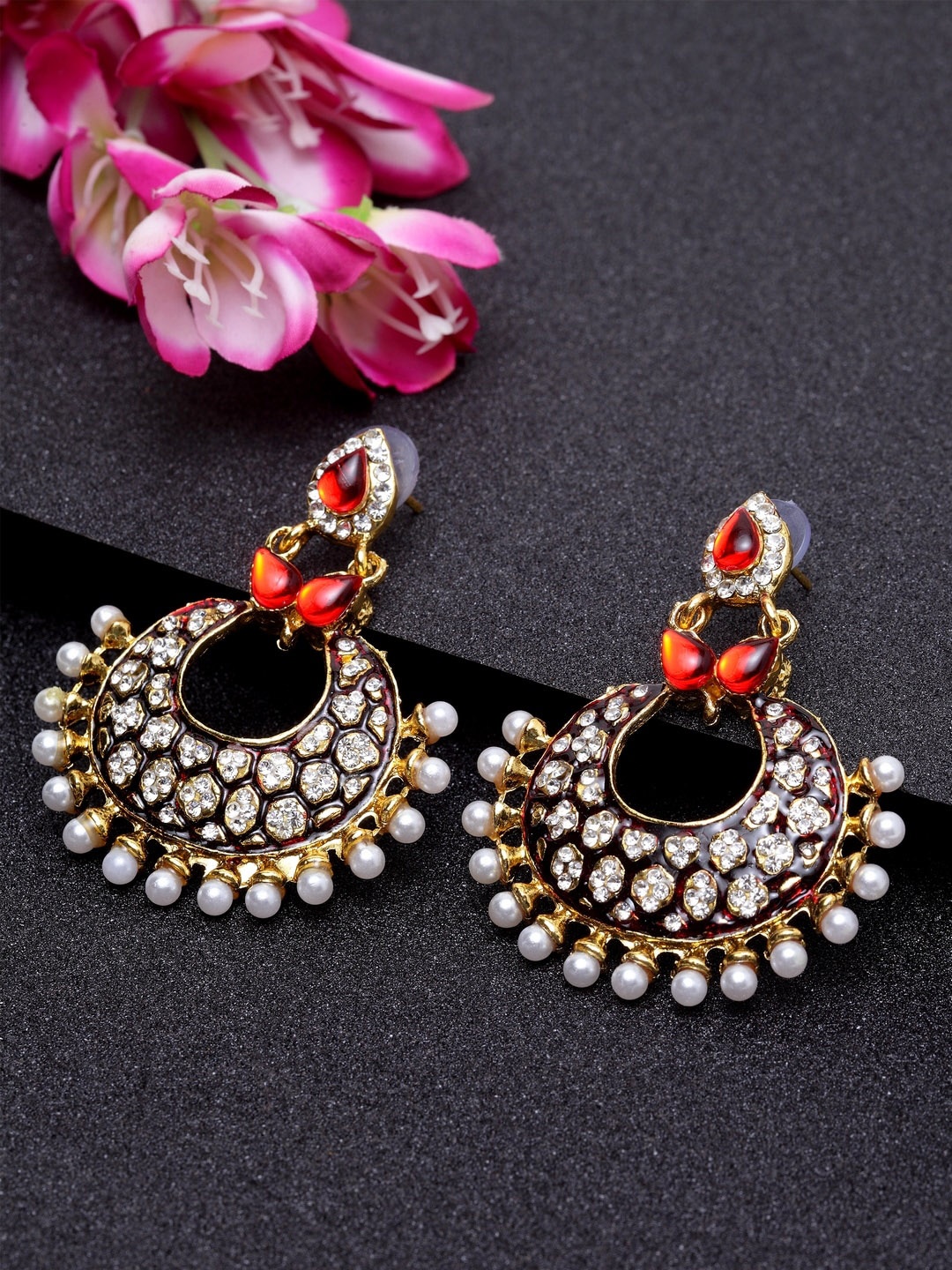 ANIKAS CREATION Maroon & Gold-Toned Crescent Shaped Chandbalis