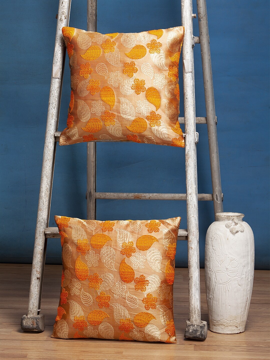 Alina decor Yellow & Gold-Toned Set of 2 Embroidered Square Cushion Covers