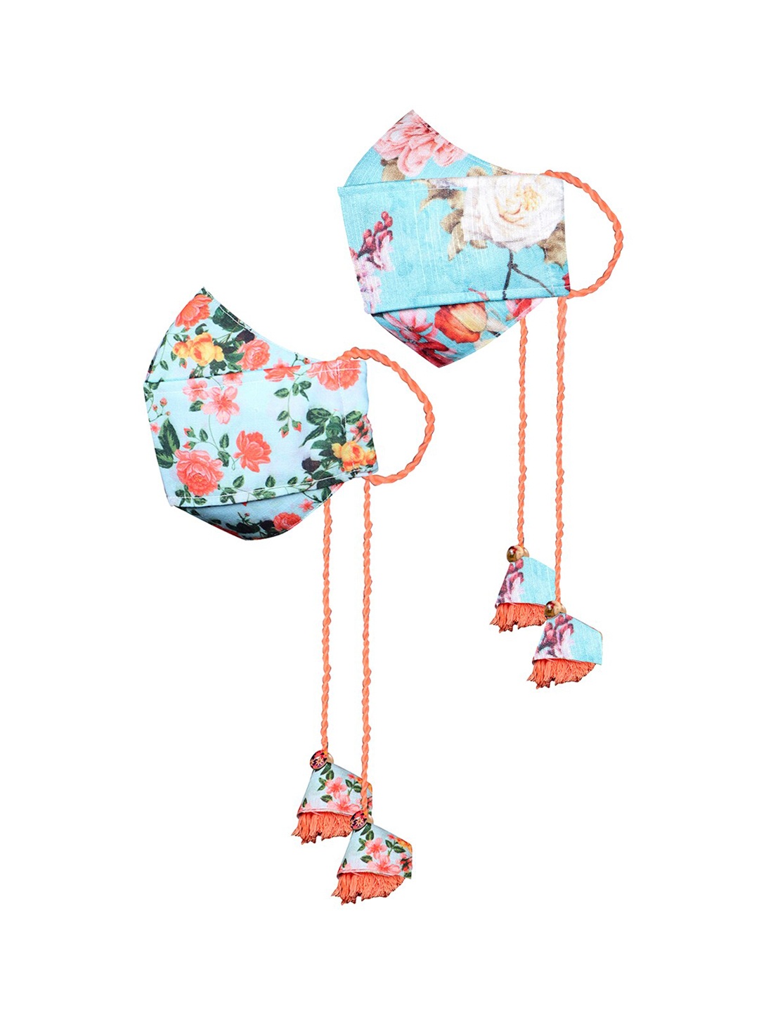 

VASTRAMAY Kids Pack Of 2 Blue & Peach Printed Reusable 3-Ply Cloth Masks