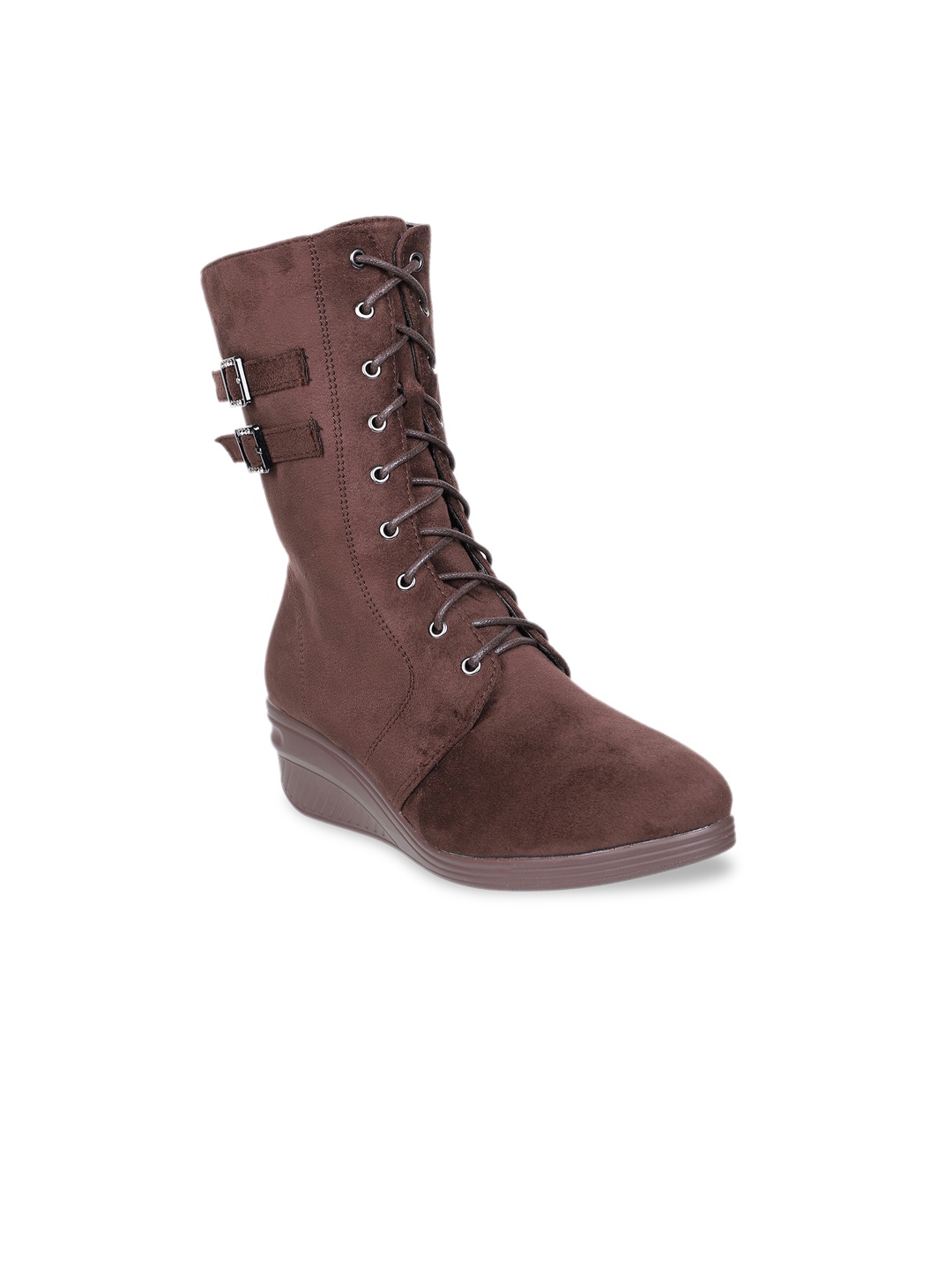 

SHUZ TOUCH Women Brown Solid Suede Heeled Boots