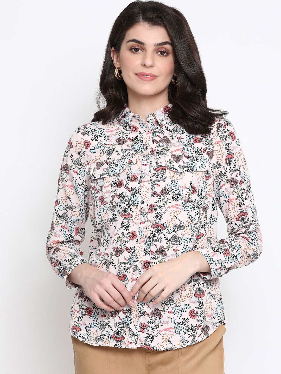 

Oxolloxo Women Pink & Green Regular Fit Floral Printed Casual Shirt