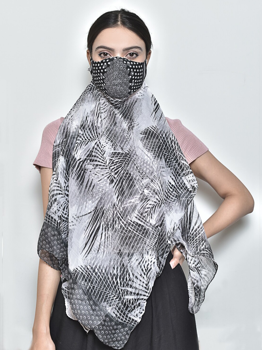 

SWAYAM Women Grey & Black Printed 3-Ply Reusable Adjustable Face Mask With Scarf