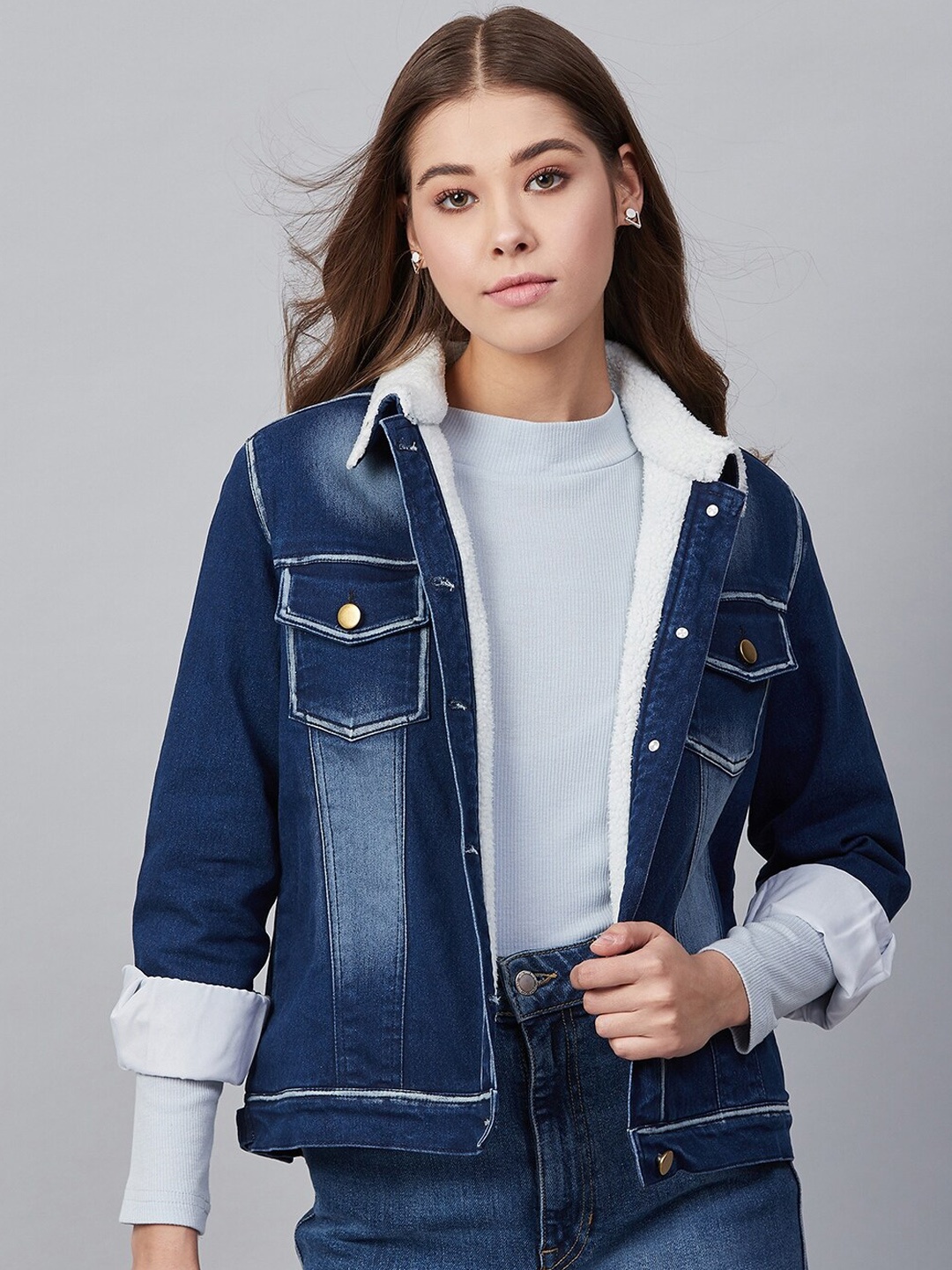 StyleStone Women Navy Blue Solid Denim Jacket