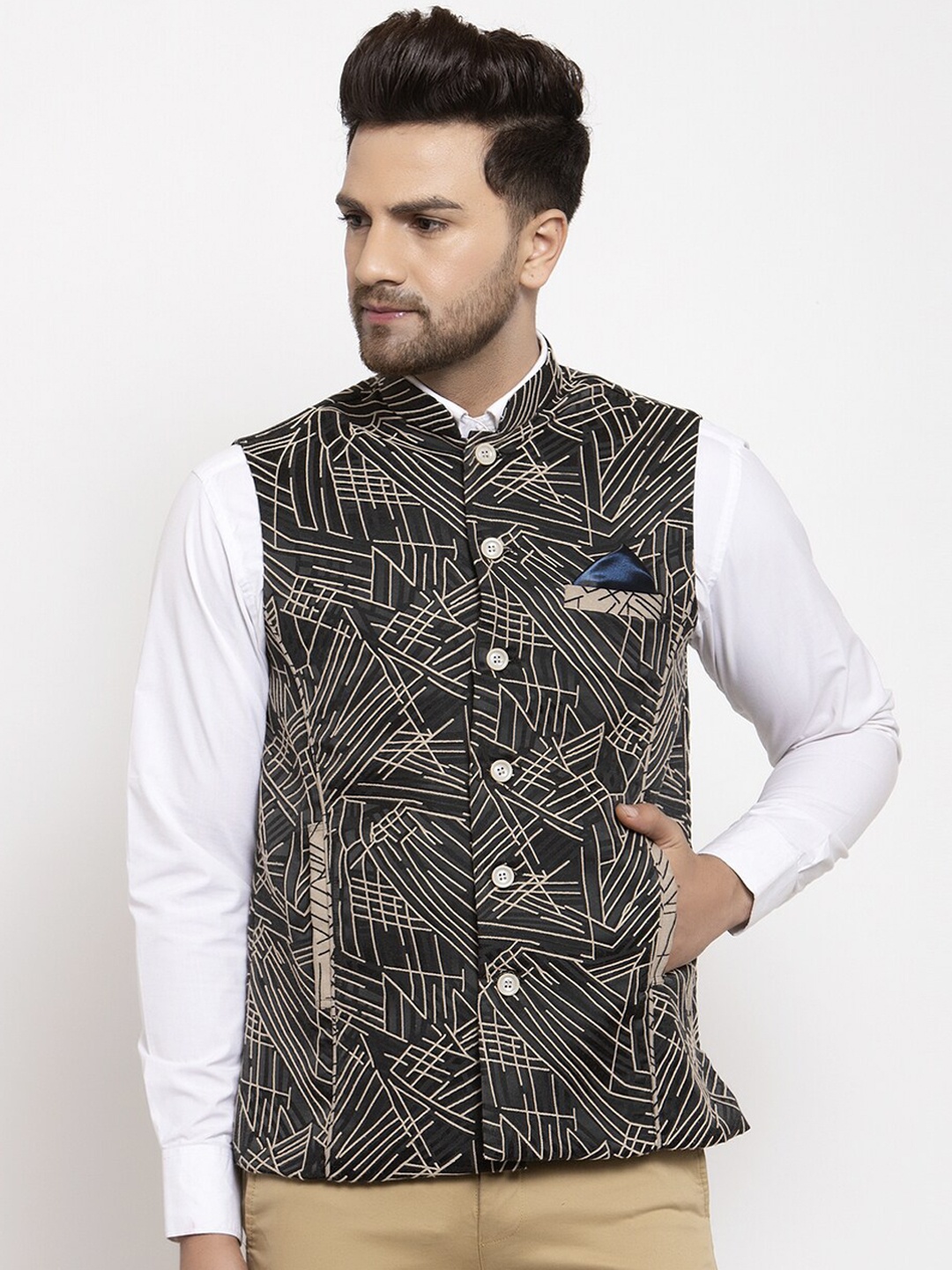 

KLOTTHE Men Black & Beige Printed Nehru Jacket