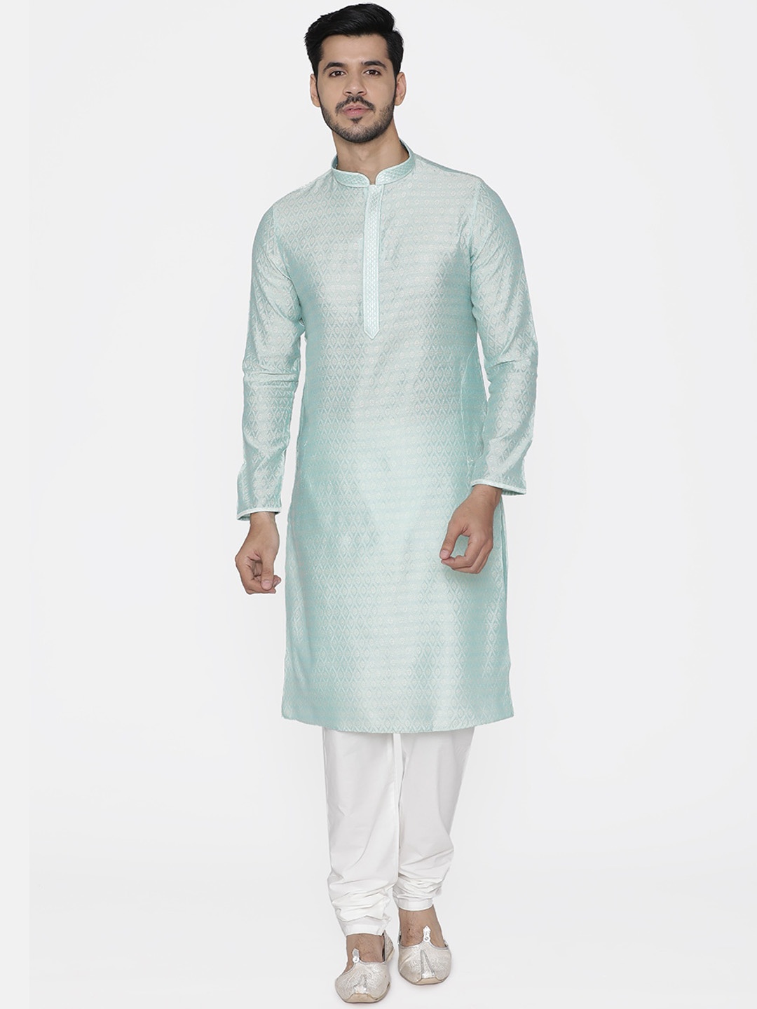 

Manyavar Men Blue Woven Design Kurta with Churidar