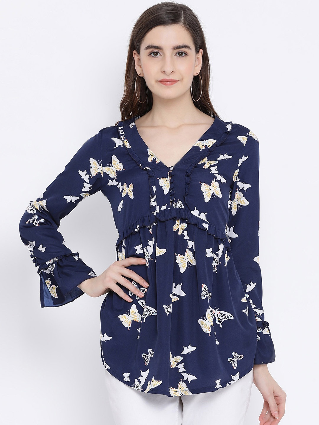 

Oxolloxo Women Navy Blue & Yellow Printed Empire Top