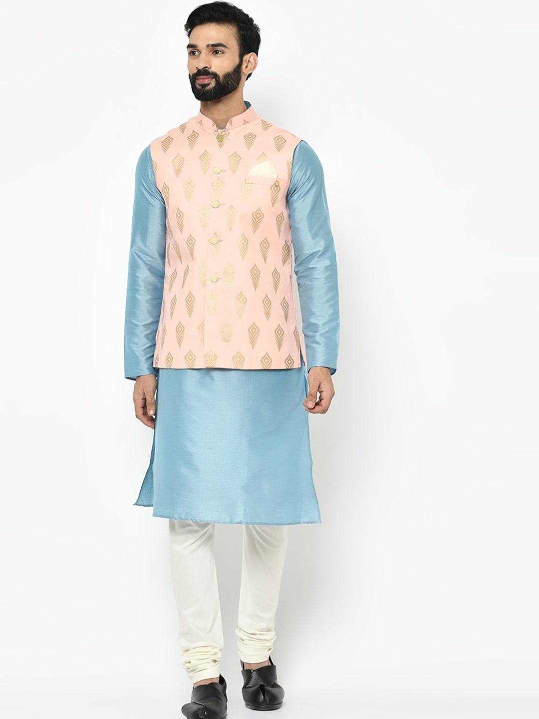 KISAH Men Blue & White Solid Kurta with Churidar & Nehru Jacket