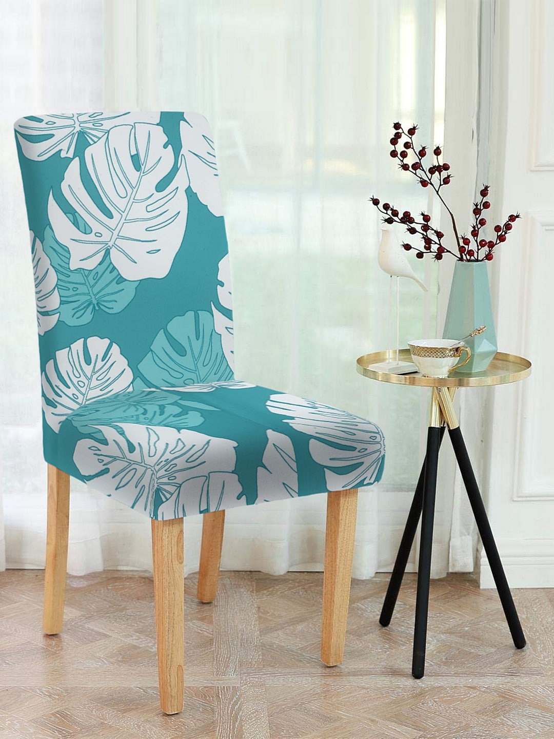 Cortina Set Of 4 Teal Blue & White Printed Chair Covers