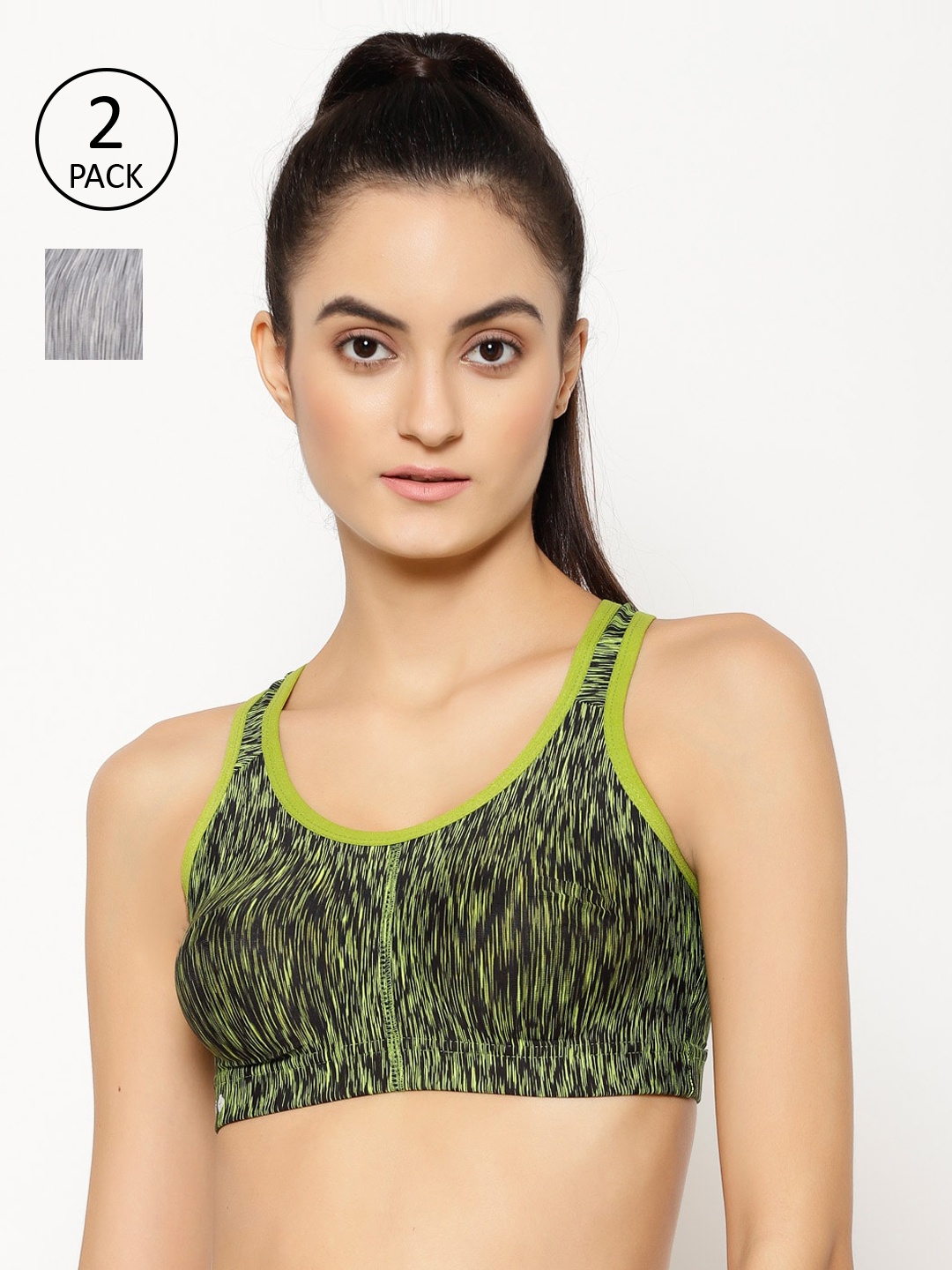 

Floret Pack of 2 Printed Non-Wired Lightly Padded Workout Bras T3066, Lime green